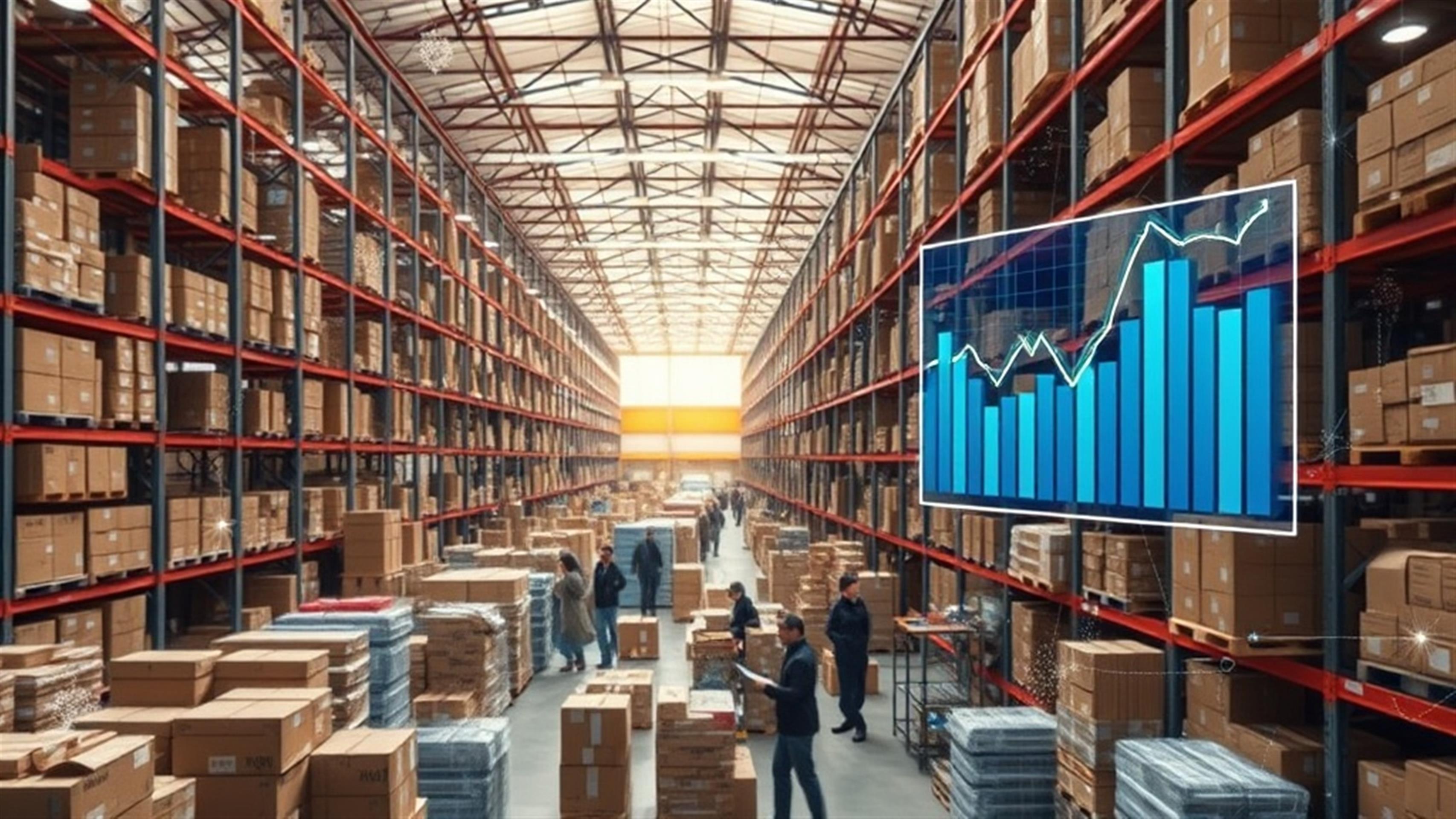 Create an ultra realistic image depicting a bustling e-commerce warehouse filled with busy workers and stacks of packages ready for shipment. In the foreground, show a digital overlay of data analytics, graphs, and charts representing business growth and market trends. Include elements that symbolize traditional e-commerce challenges, such as a broken ceiling with shattered glass, representing limitations and obstacles. Contrast this with a visual representation of Web on Demand solutions—depict seamless digital connectivity, with arrows or lines flowing smoothly from computers and tablets to the warehouse, symbolizing efficiency and expanded reach. Use vibrant colors to highlight the energetic and dynamic nature of the scene, with clear focus on innovation overcoming stagnation.