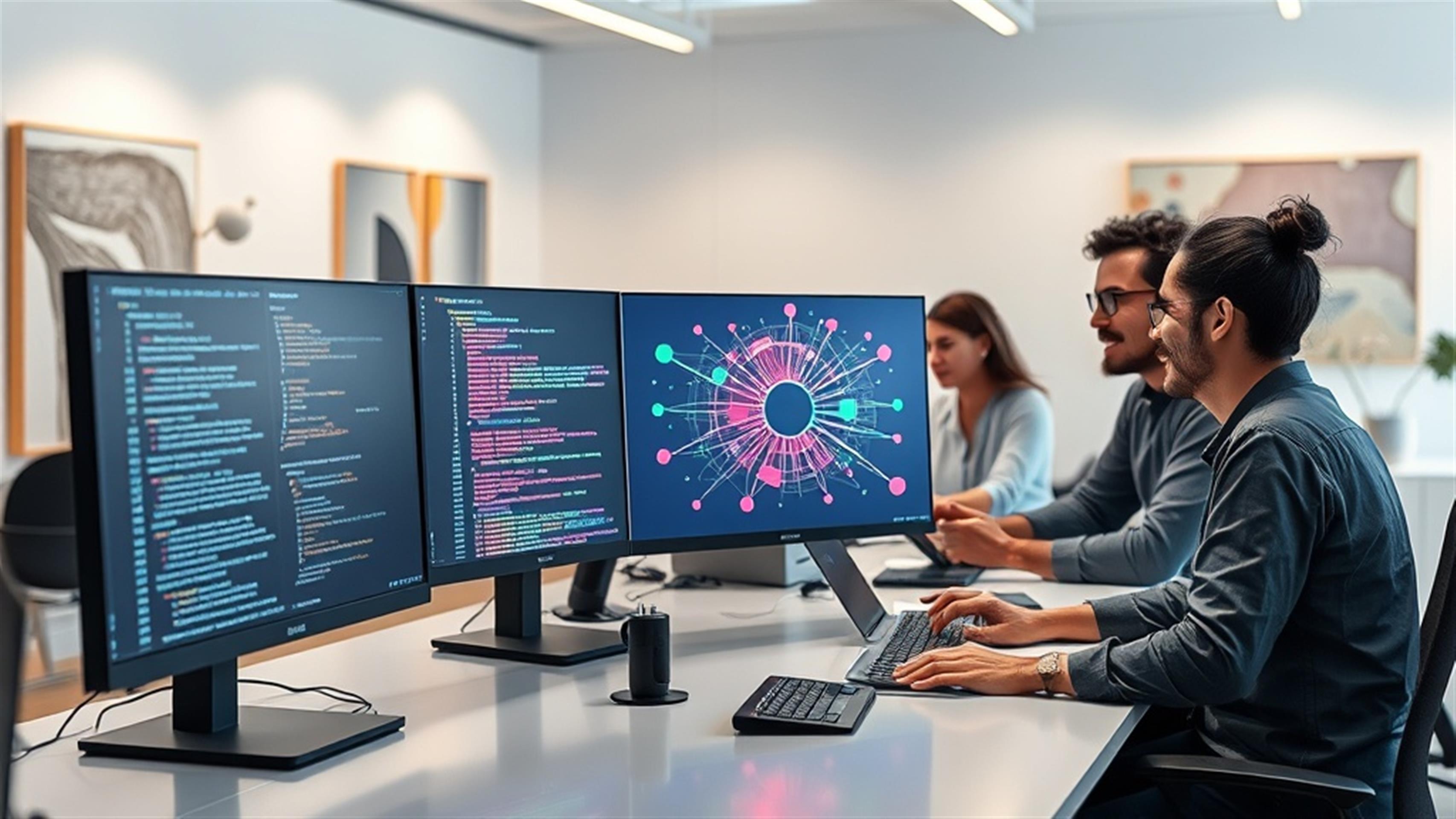 Create an ultra-realistic image of a futuristic digital workspace. The scene features a sleek, modern desk with multiple high-resolution monitors displaying complex web code. On one screen, a dynamic, colorful visualization of Web on Demand technology is prominently featured, with interconnected nodes and seamless data flow. The background should be a minimalist, tech-inspired office space with abstract art on the walls. A diverse group of developers, both men and women, are engaged in collaborative work, using state-of-the-art devices. They are focused and in motion, with expressions of innovation and excitement. The lighting is bright and crisp, emphasizing a clean, efficient environment. The overall atmosphere conveys a sense of cutting-edge technology and the future of web development without the need for traditional coding languages like PHP.