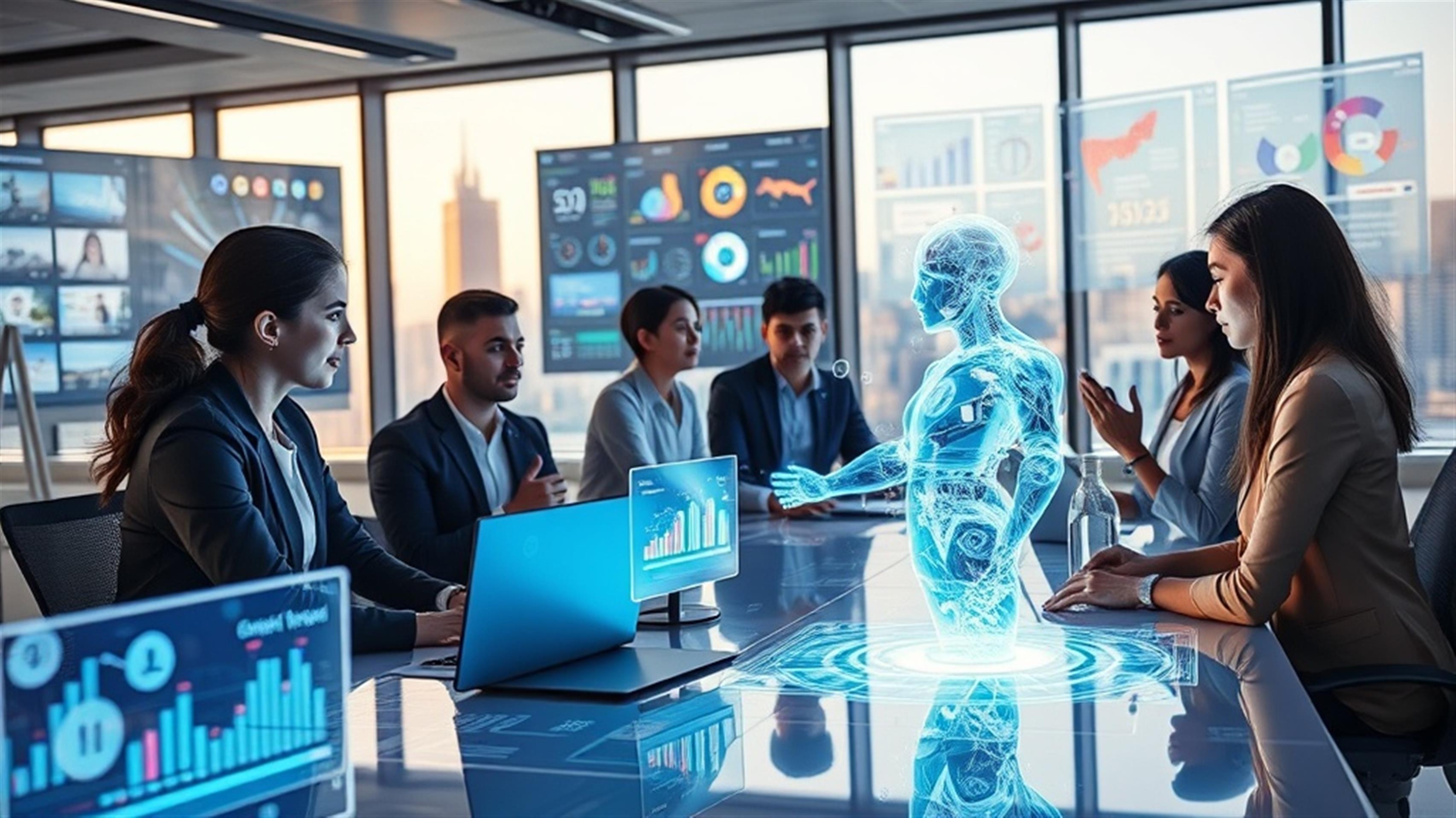 Create an ultra-realistic image depicting a futuristic workspace. In the foreground, a diverse team of professionals collaborates seamlessly with holographic displays showcasing AI-driven content creation tools. A virtual assistant, represented as an ethereal digital persona, hovers above a sleek desk, interacting with the team and providing real-time social media insights. In the background, screens display analytics and colorful infographics illustrating the impact of AI on content strategy. The setting is a modern office with large windows revealing a city skyline, symbolizing the global reach and innovation of Web on Demand`s technology.