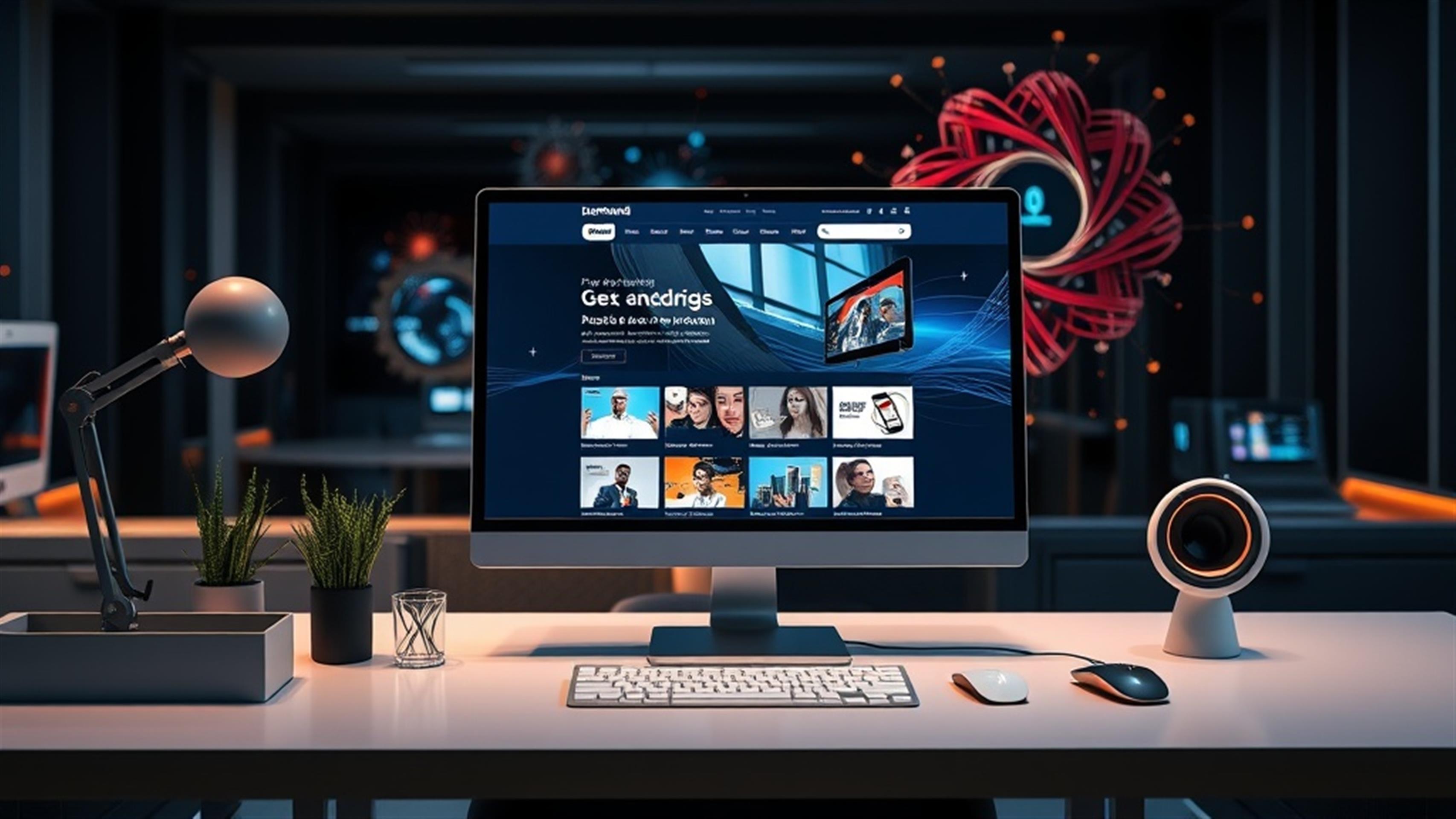 Create an ultra-realistic image of a modern, sleek workspace with a high-tech computer setup displaying a dynamic, engaging website. The screen shows an intuitive drag-and-drop interface, highlighting the process of building a website with Web on Demand. In the background, include elements symbolizing innovation and technology, such as abstract digital graphics or futuristic designs. Capture the essence of ease and sophistication, with a focus on vibrant colors and sharp details that convey the advanced features and user-friendly nature of Web on Demand.