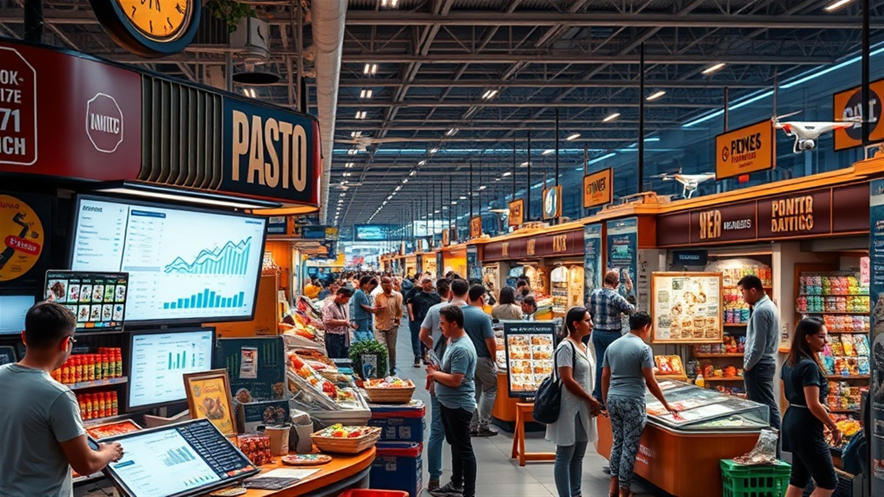Create an ultra-realistic image featuring a bustling, futuristic marketplace scene with multiple vendors, each showcasing diverse products. In the foreground, display a prominent vendor stall with digital interfaces and screens displaying analytics and data insights. Integrate elements of technology, such as drones, robots, and virtual assistants, assisting vendors and customers. In the background, depict a vibrant, crowded atmosphere with dynamic interactions between sellers and buyers. Highlight the theme of scalability by showing an endless row of vendor stalls stretching into the distance, symbolizing growth and expansion. Include subtle visual cues of innovation, like holographic displays and dynamic signage, that signify a shift towards a more efficient, web-driven marketplace.