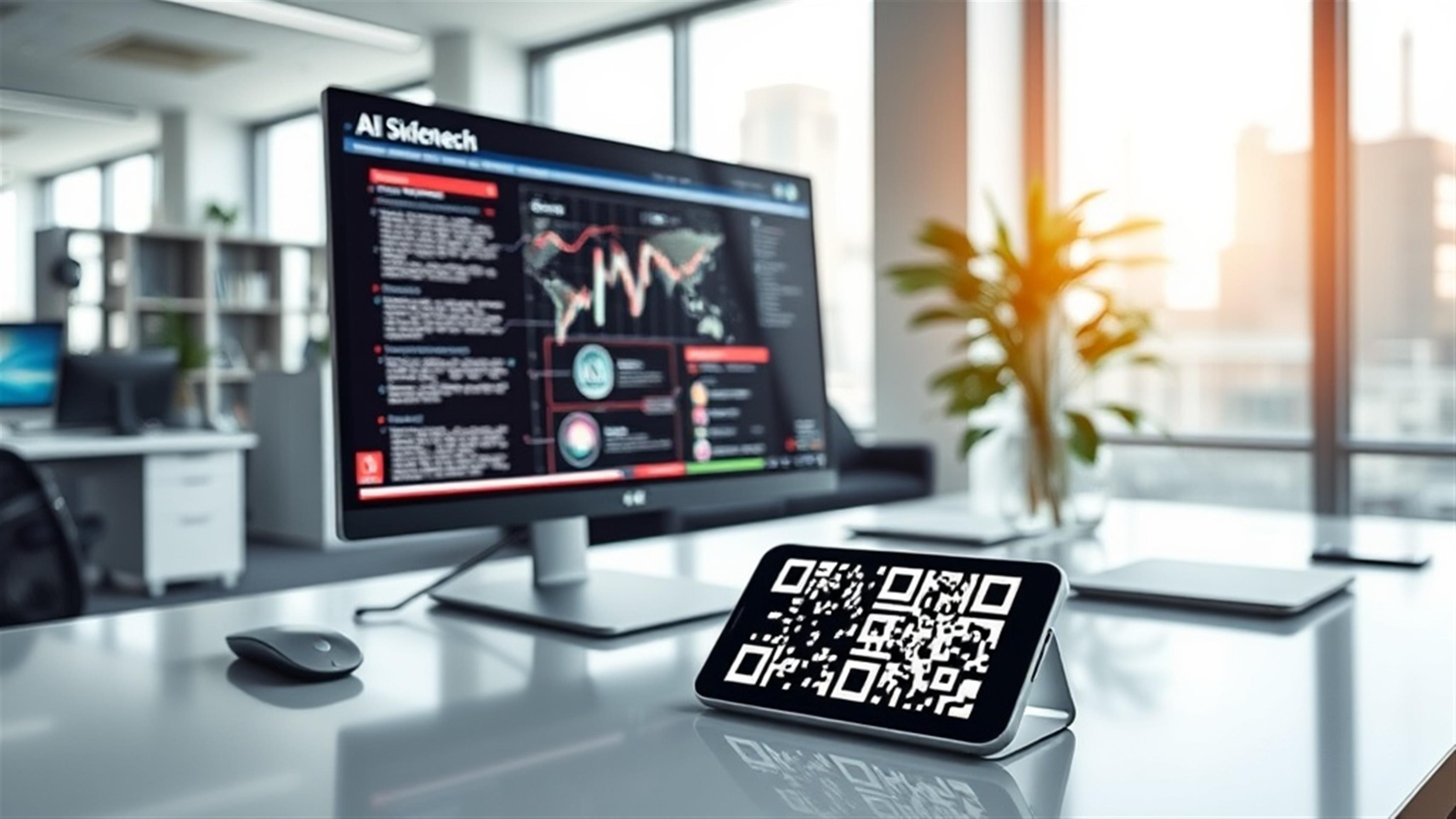 Create an ultra-realistic image depicting a modern office workspace. In the center, a sleek computer screen displays dynamic AI-driven content generation software, seamlessly producing creative content. On the desk, a smartphone prominently showcases a vibrant QR code, symbolizing integration and connectivity. The office is bathed in natural light, reflecting a futuristic yet practical environment. Include subtle digital graphics overlaying the scene, indicating data flow and technological innovation. The atmosphere should convey a sense of high efficiency and cutting-edge technology, with elements of minimalistic design and advanced hardware subtly integrated into the workspace.