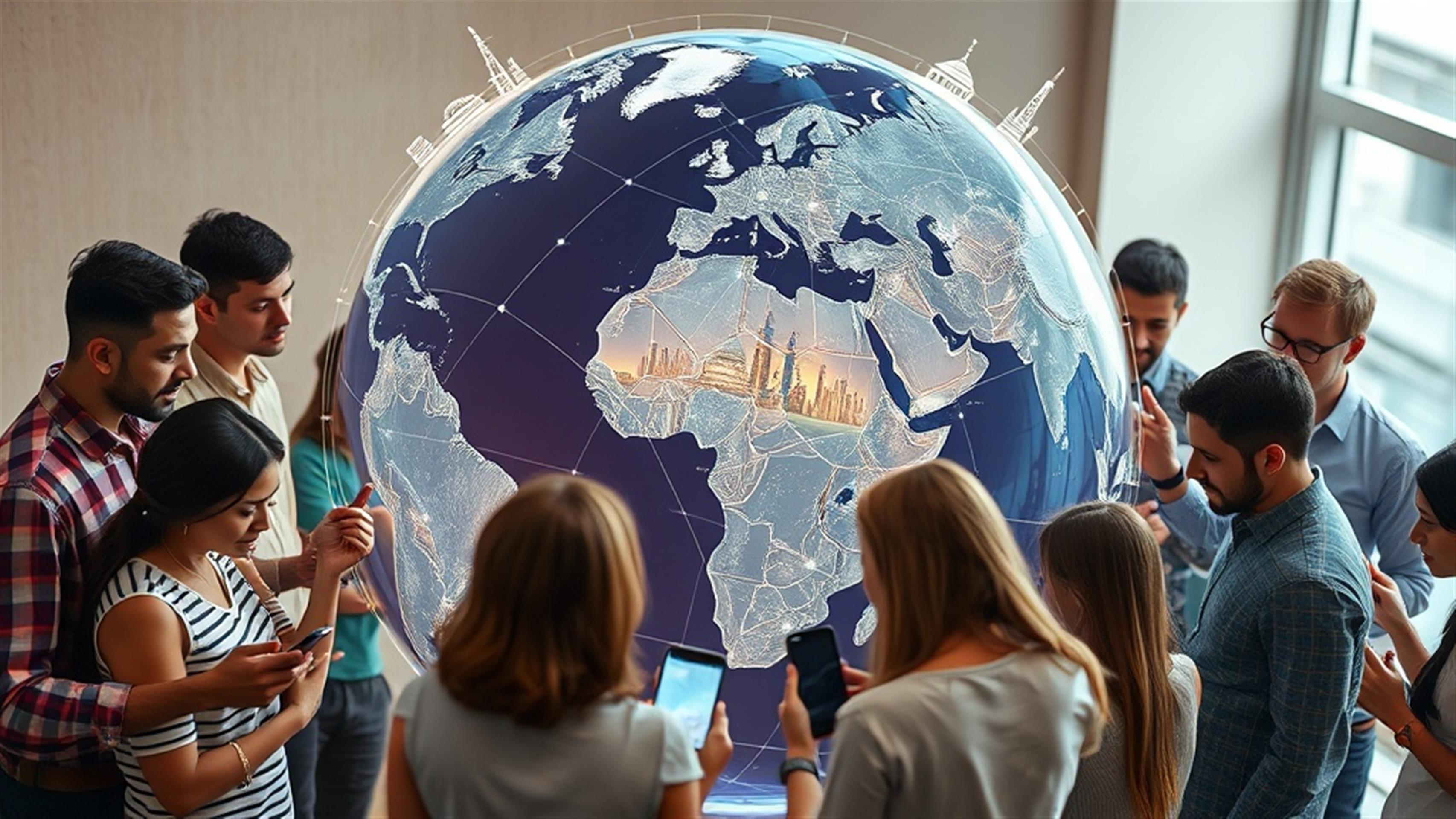 Create an ultra-realistic image of a diverse, international group of people gathered around a large digital globe, each holding a smartphone or tablet. The globe should display multiple interconnected digital pathways symbolizing global internet access. Include various cultural landmarks in the background, subtly integrated into the digital pathways. The people, representing different ethnicities and cultures, are engaging with the globe, highlighting a sense of connectivity and collaboration. The scene is vibrant and dynamic, reflecting the potential for global reach through innovative technology.
