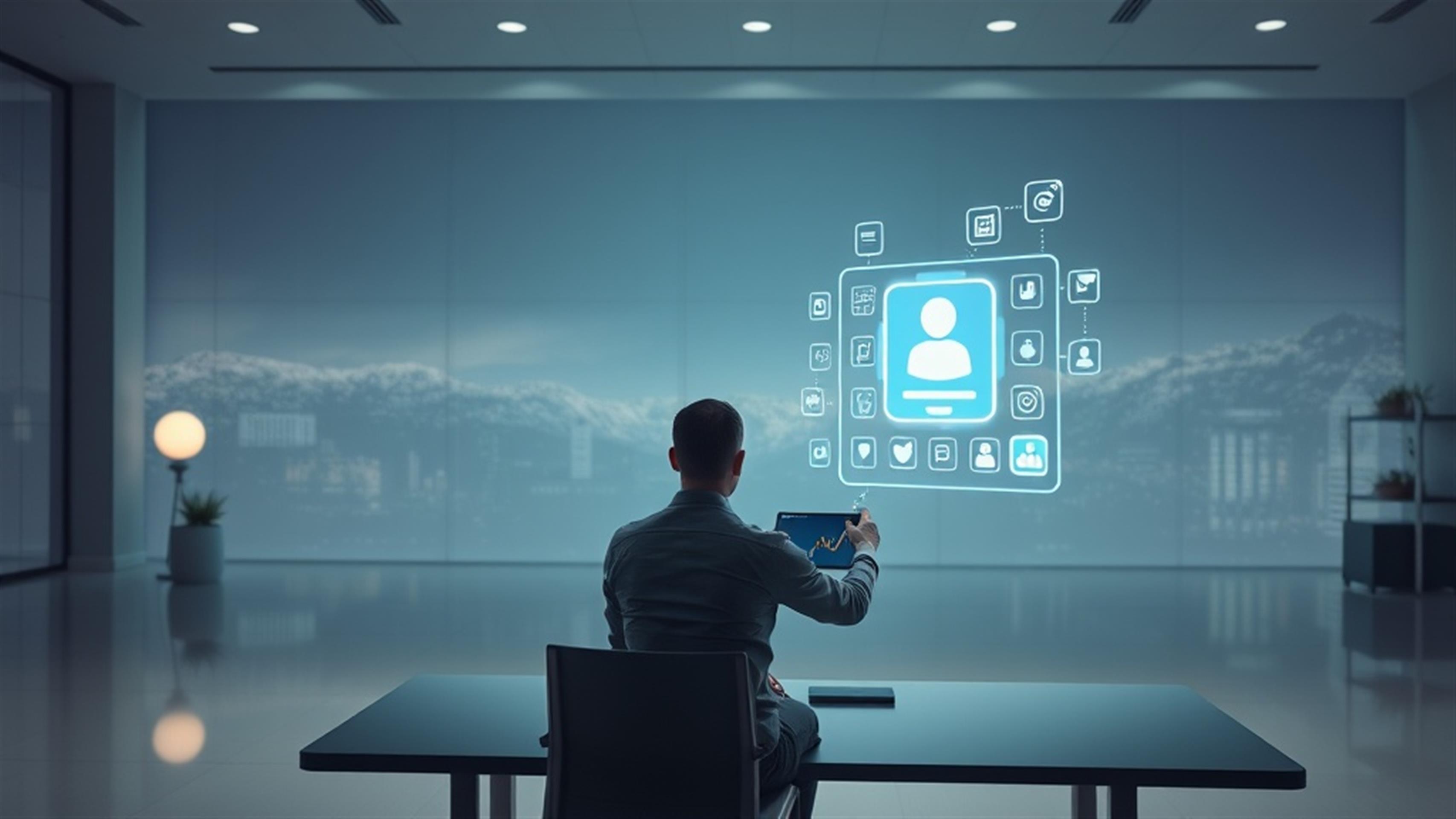 Create an ultra-realistic image depicting a serene and empty digital landscape, symbolizing silence on social media feeds. In the foreground, include a person sitting at a desk with a virtual assistant hologram projected from their device. The hologram should be a futuristic representation of a social media assistant, with digital elements and icons surrounding it. The setting should be a modern, well-lit workspace, with soft ambient lighting reflecting a sense of calm and focus. The overall mood should convey innovation and transformation, highlighting the contrast between the quiet feeds and the dynamic presence of the virtual assistant.