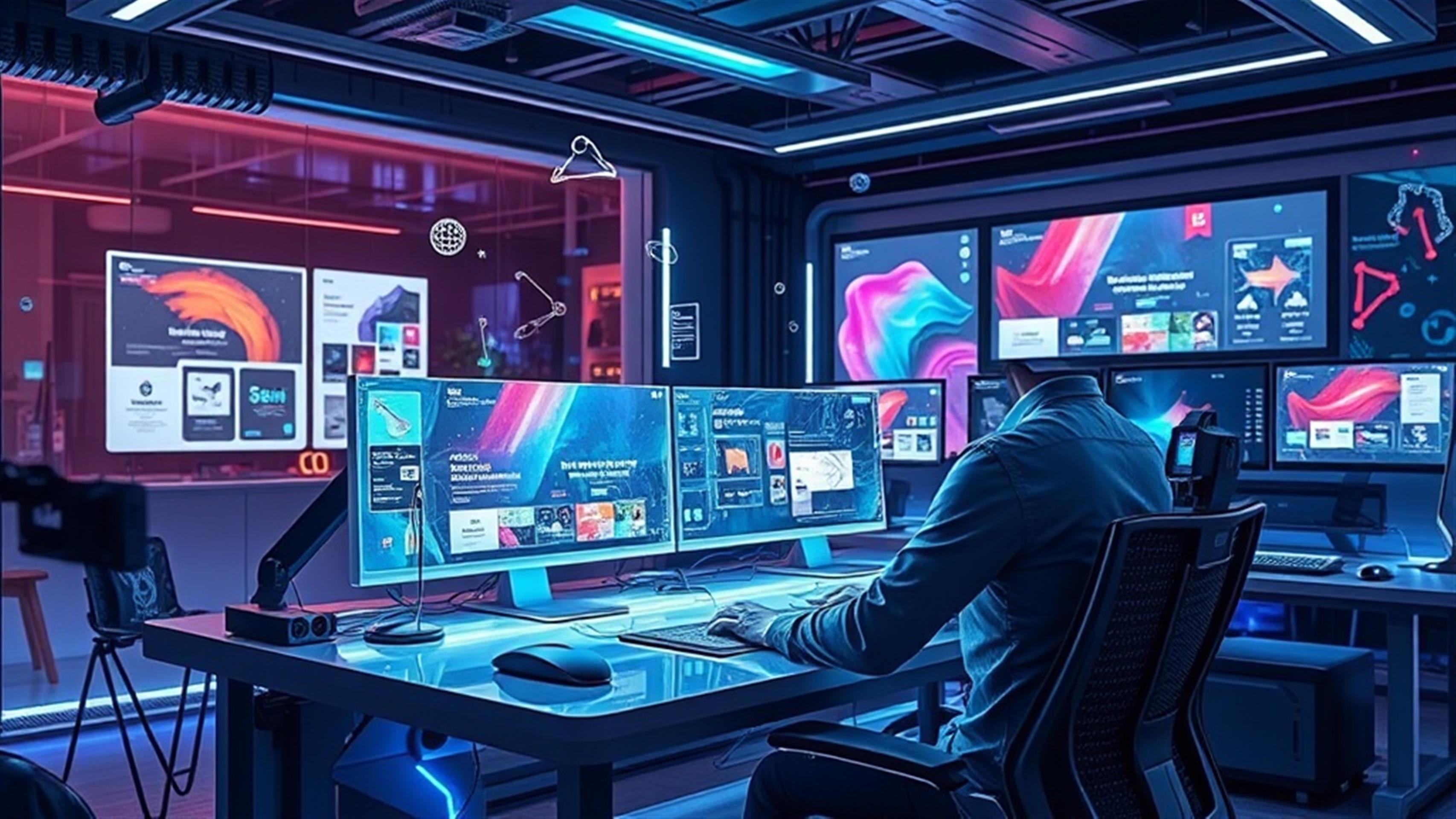 Create an ultra-realistic image featuring a futuristic workspace with a web designer at their desk. The room is filled with high-tech gadgets and holographic displays showcasing vibrant web design templates. The designer is interacting with an AI assistant projected as a 3D hologram, suggesting creative design elements. The atmosphere is dynamic, with digital art tools floating around, symbolizing innovation. The scene reflects a blend of human creativity and advanced AI technology, highlighting the transformative power of AI in web design. The environment is modern and sleek, with an emphasis on colors and textures that evoke creativity and technological advancement.
