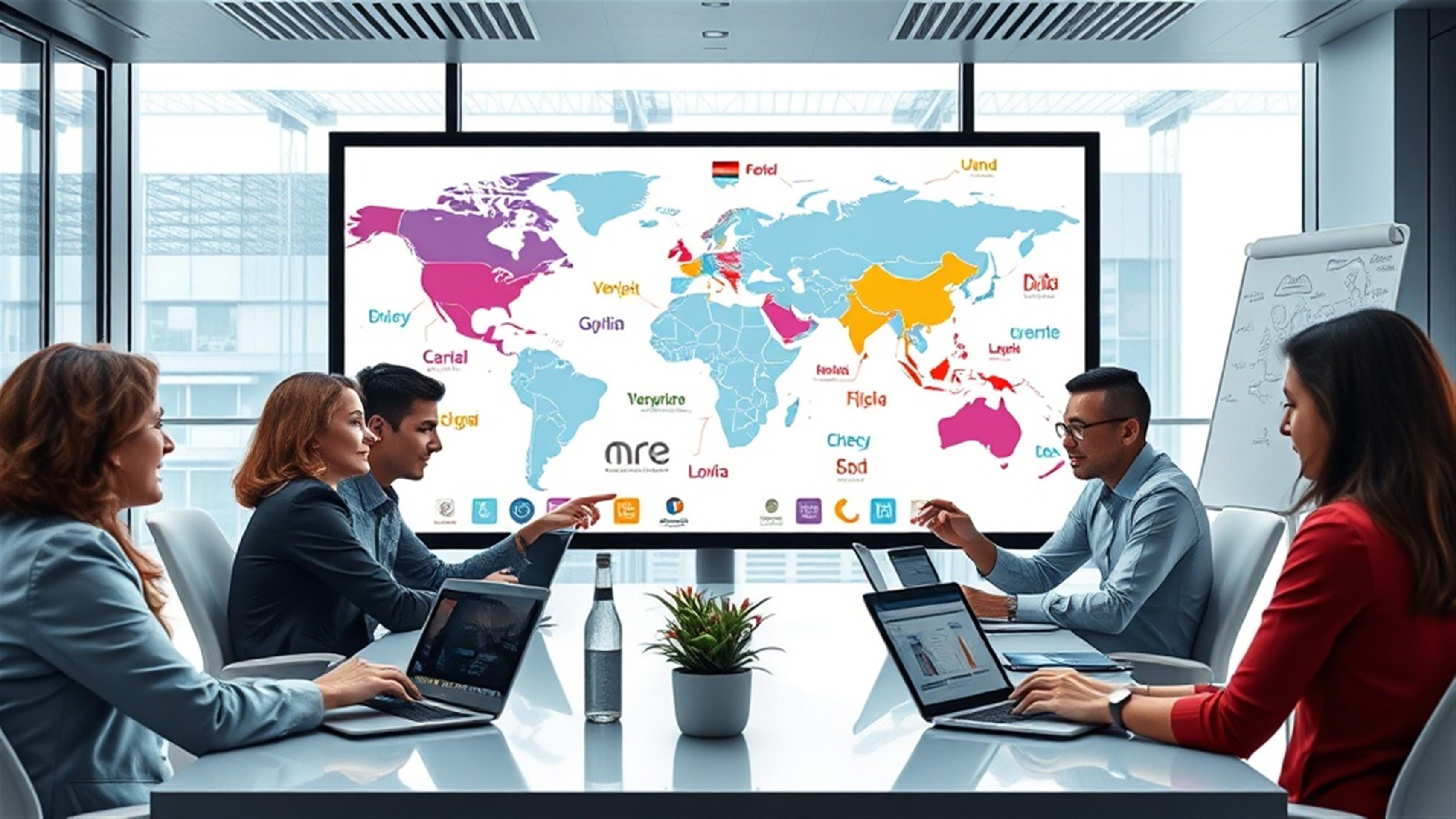 Create an ultra-realistic image of a modern, sleek office environment with diverse team members collaborating on a website project. The focus is on a large digital screen displaying a world map with various languages highlighted, representing Web on Demand`s 64-language support. Include elements like laptops, tablets, and smartphones showcasing multilingual website interfaces. Add a whiteboard with brainstorming notes and diagrams, emphasizing strategies for seamless global communication. The atmosphere should be vibrant and innovative, reflecting a cutting-edge tech company capable of expanding local websites to a global audience without the headache.