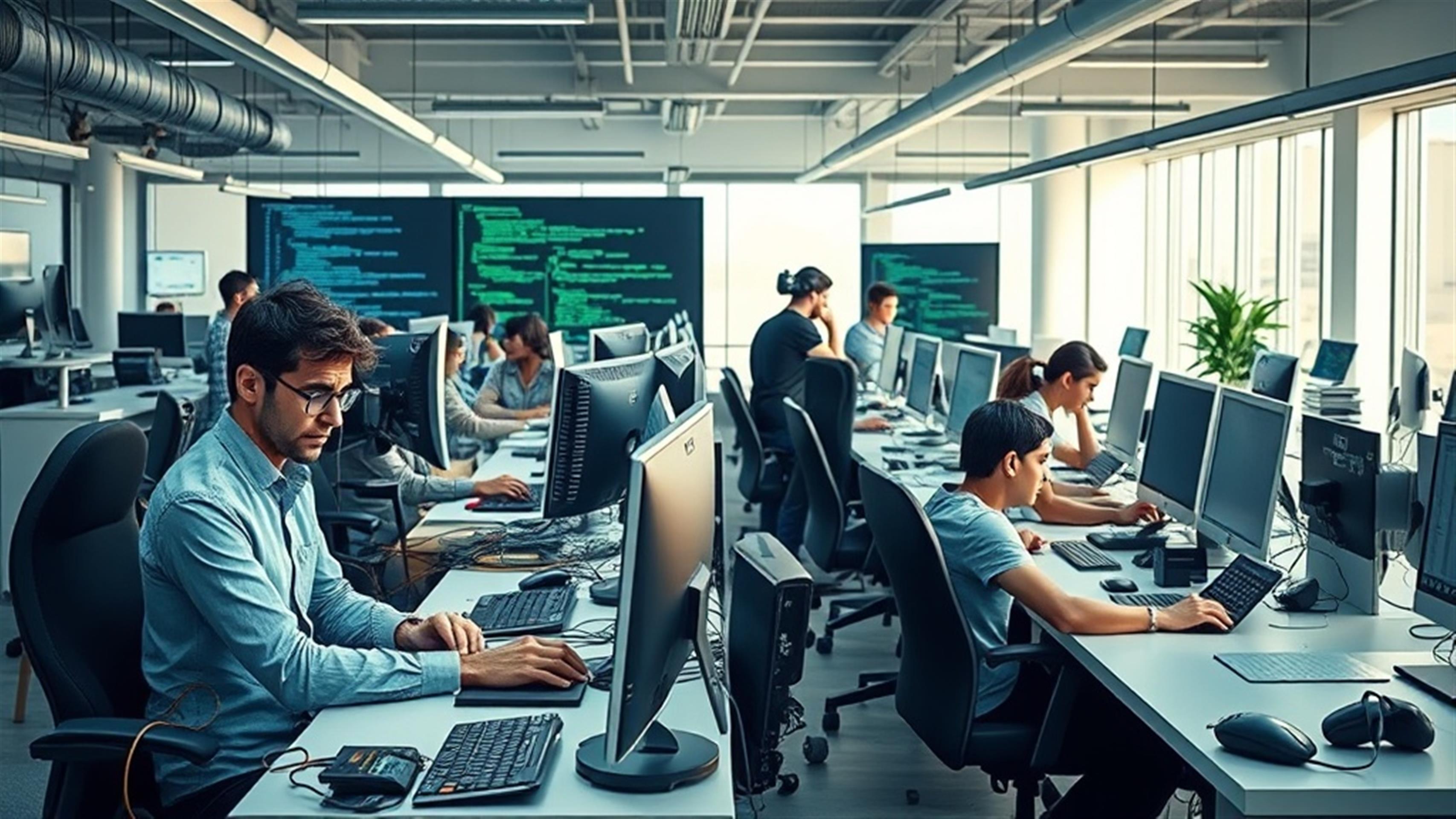 Create an ultra-realistic image depicting a modern, bustling office space where web developers are hard at work. Highlight a sense of frustration on some developers` faces as they struggle with outdated workflows, surrounded by tangled wires, multiple screens displaying complex code, and cluttered desks. In contrast, show another group of developers experiencing ease and efficiency, with sleek, organized workspaces, minimalistic design, and advanced technology, symbolizing `Web on Demand.` Capture the contrast in their environments through lighting, posture, and facial expressions, emphasizing the transformation and productivity brought by new web development solutions.
