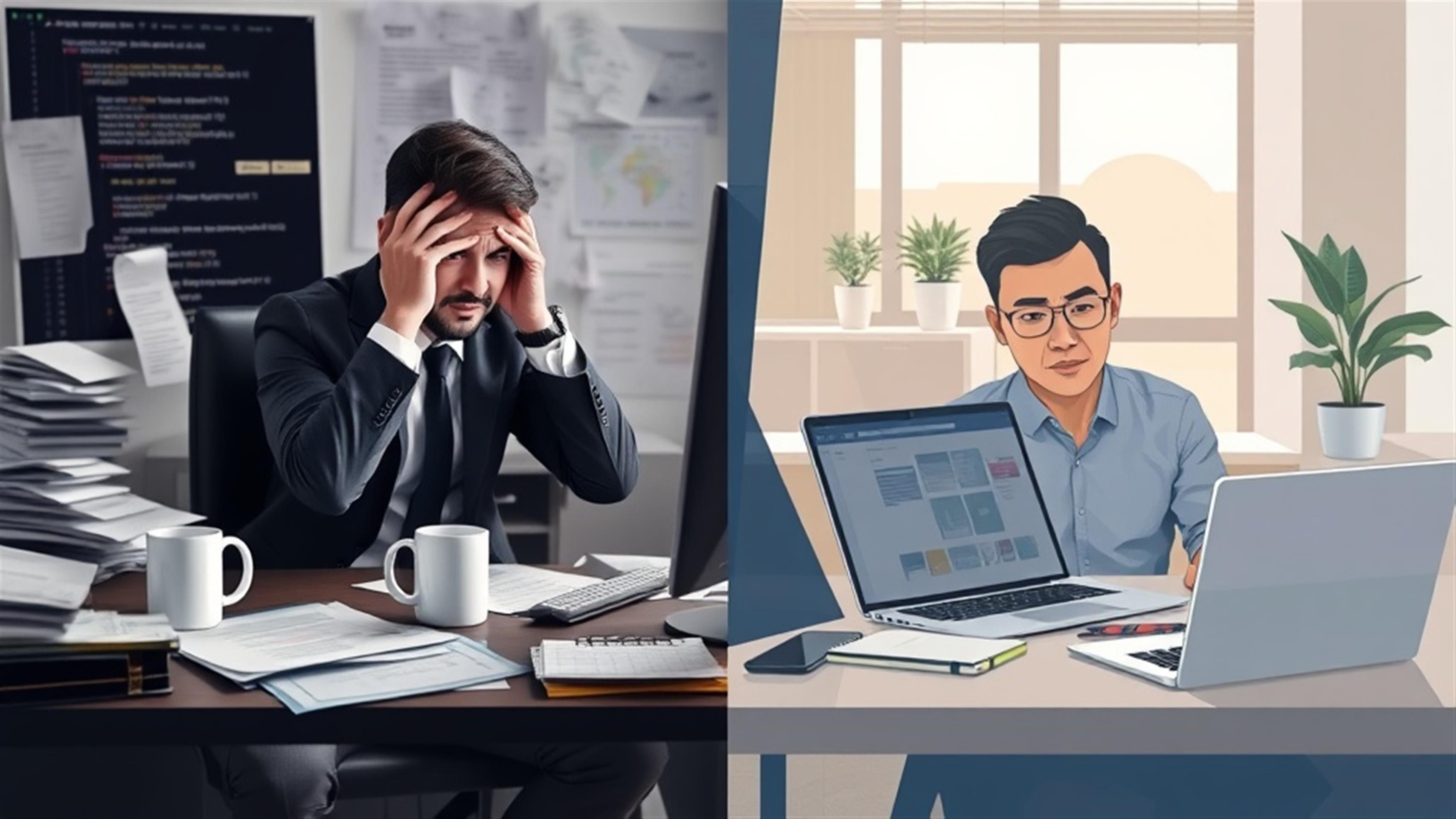 Create an ultra-realistic image depicting a frustrated businessperson sitting in front of a computer screen filled with complex coding and confusing web builder interfaces. The setting is a modern office with a cluttered desk, papers strewn about, and a half-empty coffee mug. In contrast, on the other side of the image, illustrate a serene and confident individual effortlessly using a sleek, intuitive drag-and-drop layout builder on their laptop. This person has a calm demeanor, surrounded by organized elements like a notepad, smartphone, and a plant on the desk. The image should clearly convey the dichotomy between traditional web building challenges and the newfound ease of Web on Demand`s innovative tool.