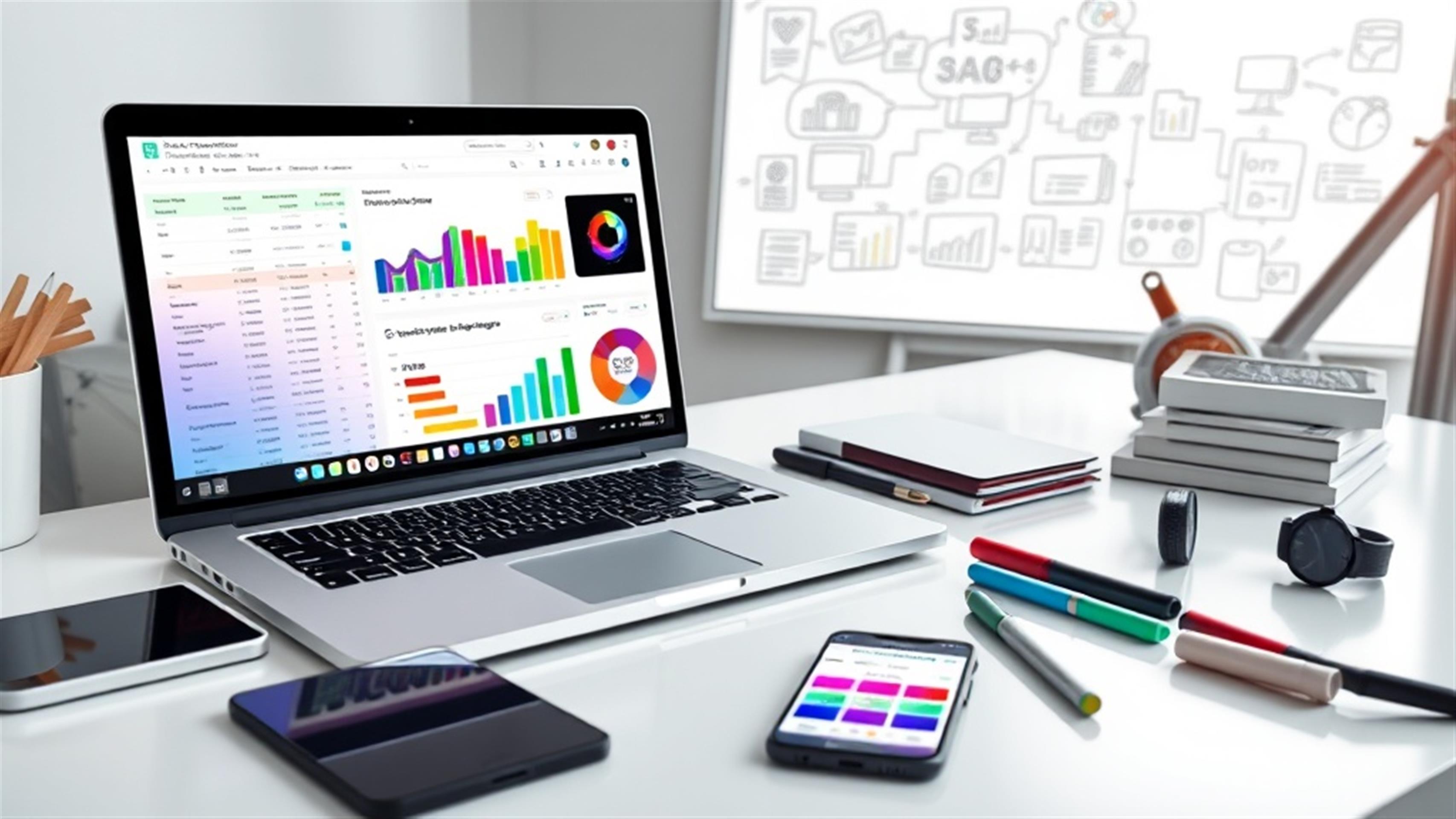 Create an ultra-realistic image of a dynamic digital workspace where a laptop is open on a sleek, modern desk. On the screen, show a vibrant e-commerce dashboard displaying colorful graphs, charts, and product listings, with a clear focus on a transformation from a basic spreadsheet layout to a sophisticated online store. Include a smartphone next to the laptop, showing a mobile-friendly version of the same e-commerce site. Surround the devices with tech gadgets like a tablet, smartwatch, and futuristic stationery, emphasizing innovation and digital transformation. In the background, subtly feature a whiteboard with brainstorming notes and sketches related to e-commerce strategies. Ensure the setting is bright and modern, with a minimalist aesthetic to highlight the seamless integration of technology and creativity in building an online business.