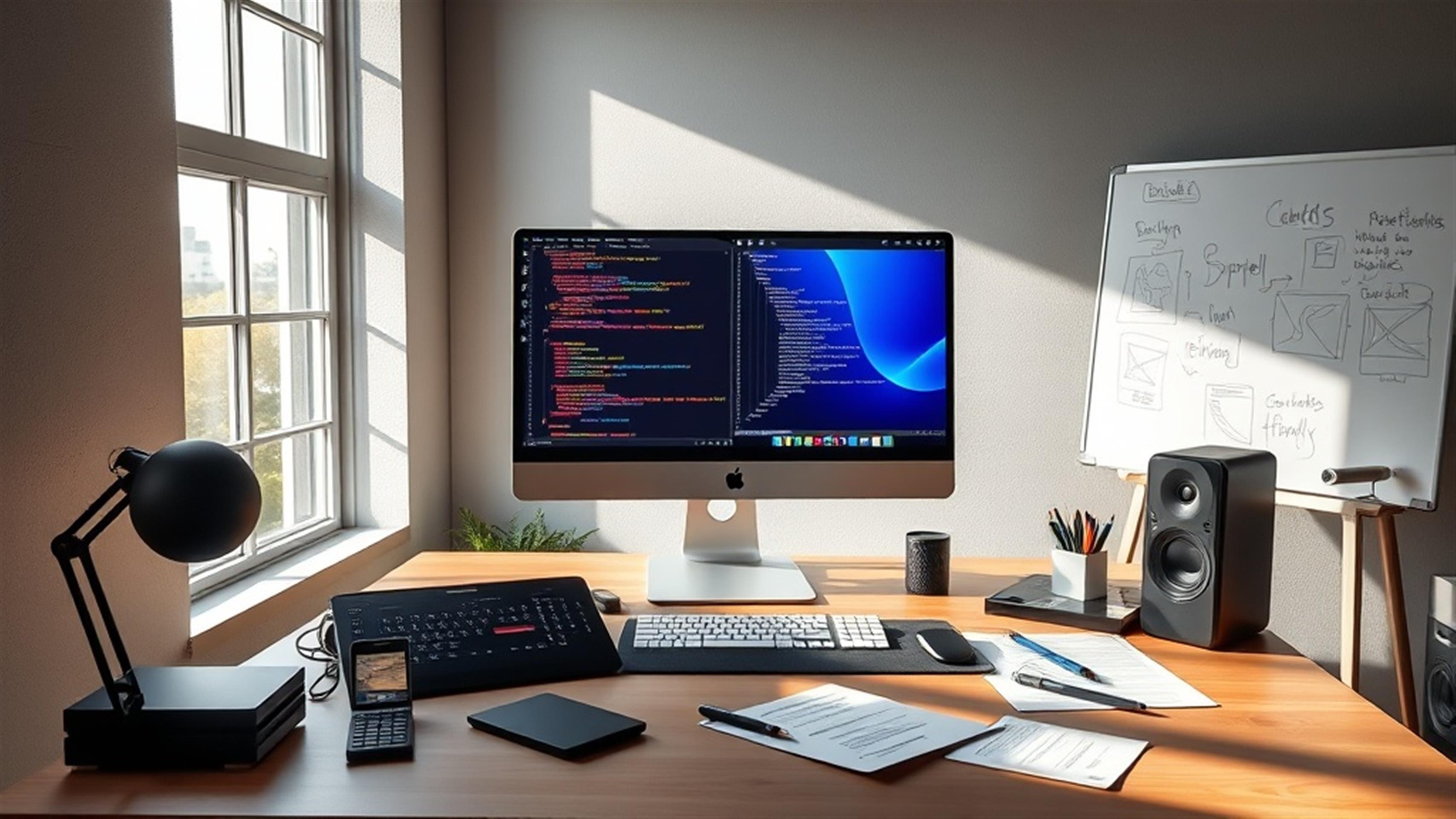 Create an ultra-realistic image depicting a modern, sleek workspace for a web designer. The scene is illuminated with natural light streaming through a large window, casting soft shadows. A state-of-the-art computer setup displays a vibrant, advanced website design created using only HTML and CSS. The screen shows a minimalist code editor on one side and a responsive website layout on the other. The desk is organized with high-end peripherals, a graphic tablet, and design sketches scattered about. In the background, a whiteboard with handwritten notes and wireframe sketches can be seen, adding a touch of creative chaos. The ambiance is a blend of innovation and artistry, capturing the essence of a designer`s dream workspace.