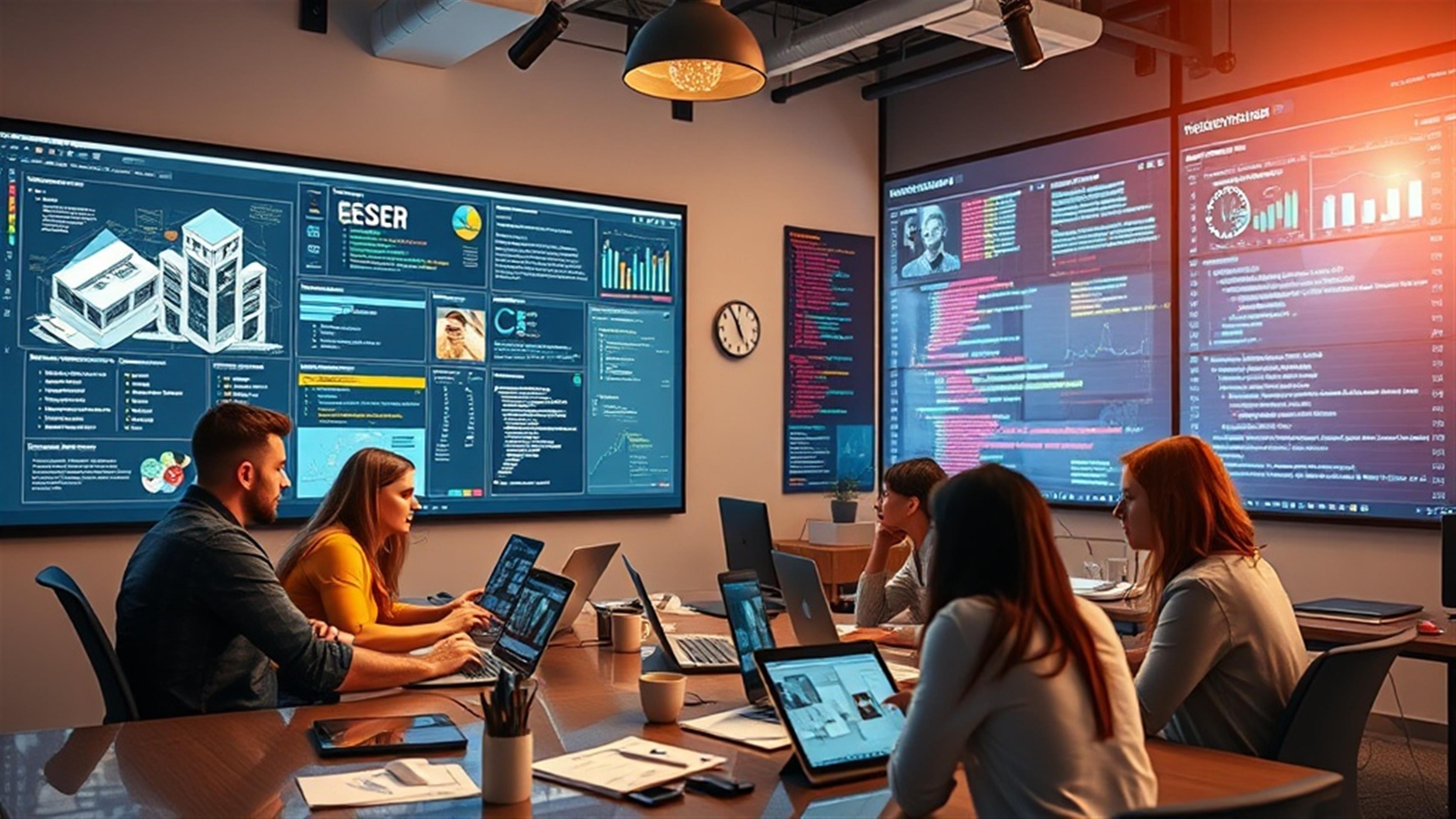 Create a hyper-realistic image depicting a diverse team of designers and developers working collaboratively in a modern office space. The scene should capture the essence of innovation and efficiency, with large screens displaying dynamic web designs and code. Include a digital dashboard in the background showing client satisfaction metrics and real-time updates. Add subtle elements such as sticky notes with brainstorming ideas, tablets with design sketches, and coffee mugs to emphasize a busy yet creative atmosphere. The lighting should be warm and inviting, highlighting the teamwork and dedication in delivering web solutions on demand.