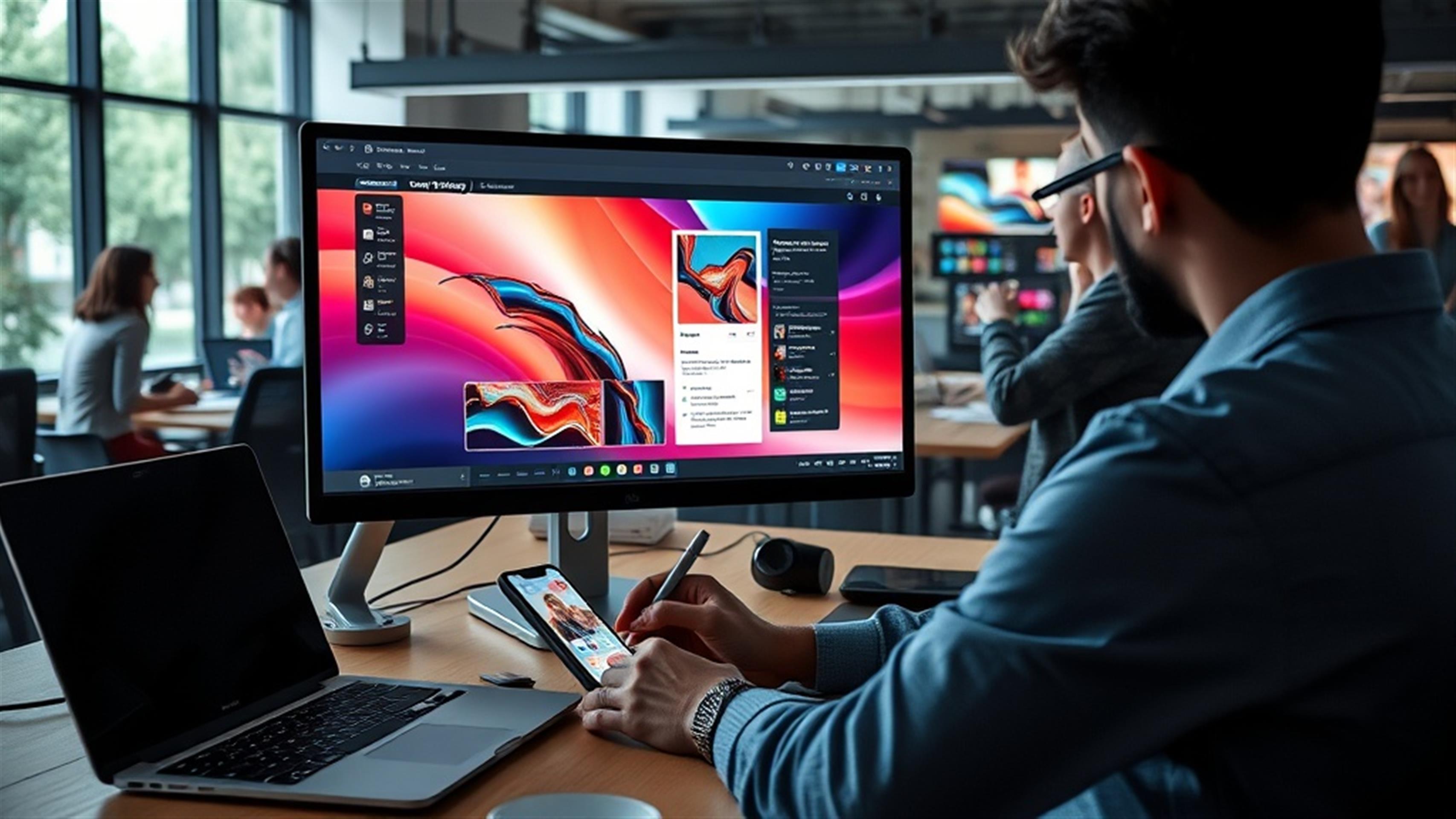 Create an ultra-realistic image of a modern workspace environment showcasing a designer deeply focused on a high-resolution monitor. The screen displays a vibrant, interactive web design platform with an intuitive drag-and-drop interface. Highlight dynamic elements being edited in real-time, with a cursor actively repositioning a digital element. Surround the workspace with cutting-edge technology such as a sleek laptop, a tablet with stylus, and a smartphone displaying a synchronized app interface. Capture a sense of innovation with contemporary office decor, natural lighting, and a background of collaborative team members engaged in creative discussions. Emphasize the fluidity and accessibility of on-screen editing and layout design, portraying how these tools empower creativity and efficiency in web development.