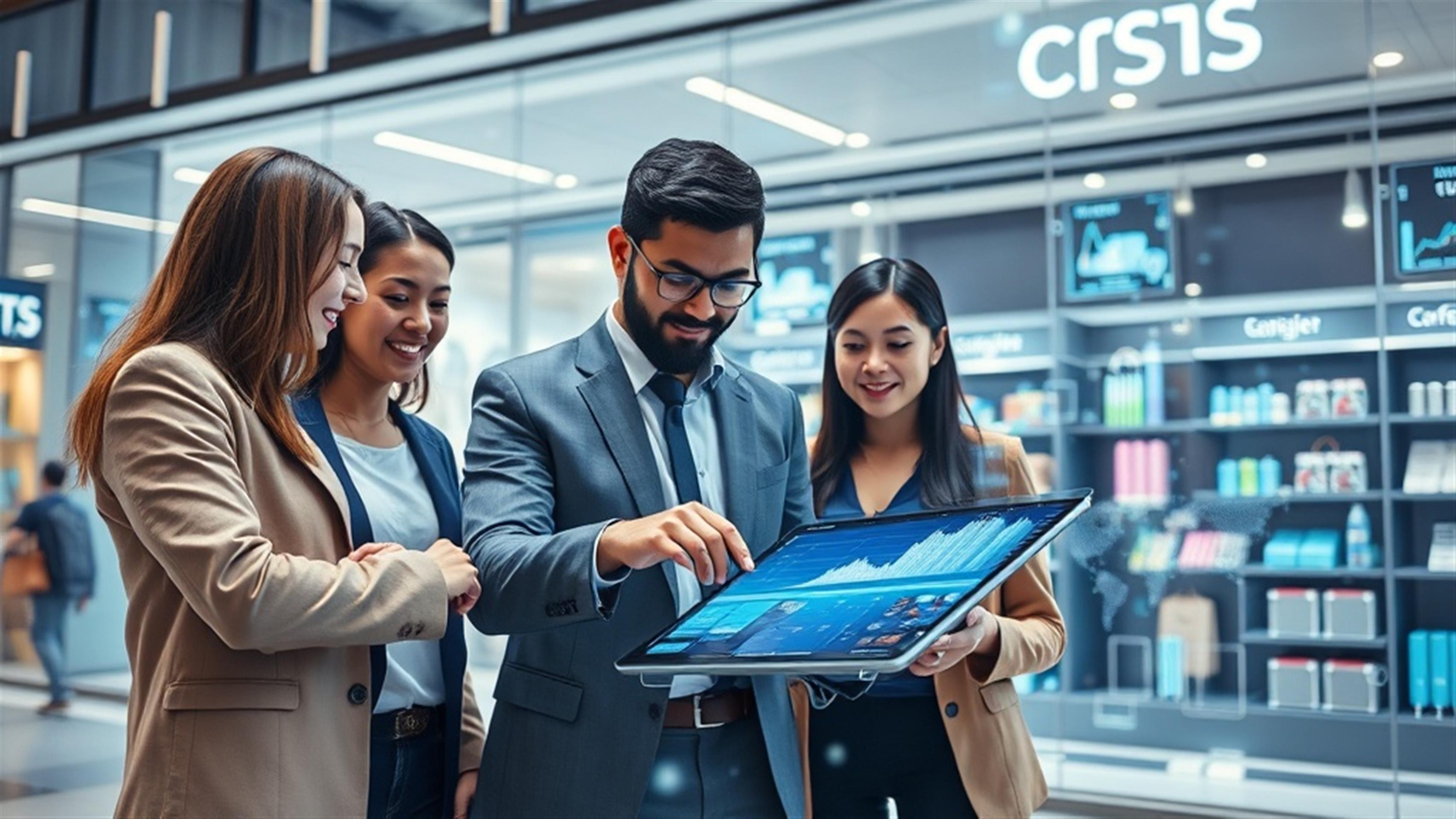 Create an ultra-realistic image depicting a dynamic e-commerce scene that symbolizes the transition from traditional spreadsheets to modern digital storefronts. In the foreground, show a diverse group of professionals collaborating over a digital tablet displaying a sleek e-commerce platform. The background features a futuristic storefront with digital displays showcasing products. Include elements that represent data flow, such as holographic charts and graphs, seamlessly integrating into the storefront environment. The setting should convey a sense of innovation and connectivity, with subtle hints of technology like fiber optic cables or digital code blending into the design, illustrating the seamless integration of data and commerce in the modern era. The image should exude a sense of progress and modernity, with a vibrant yet professional color palette.