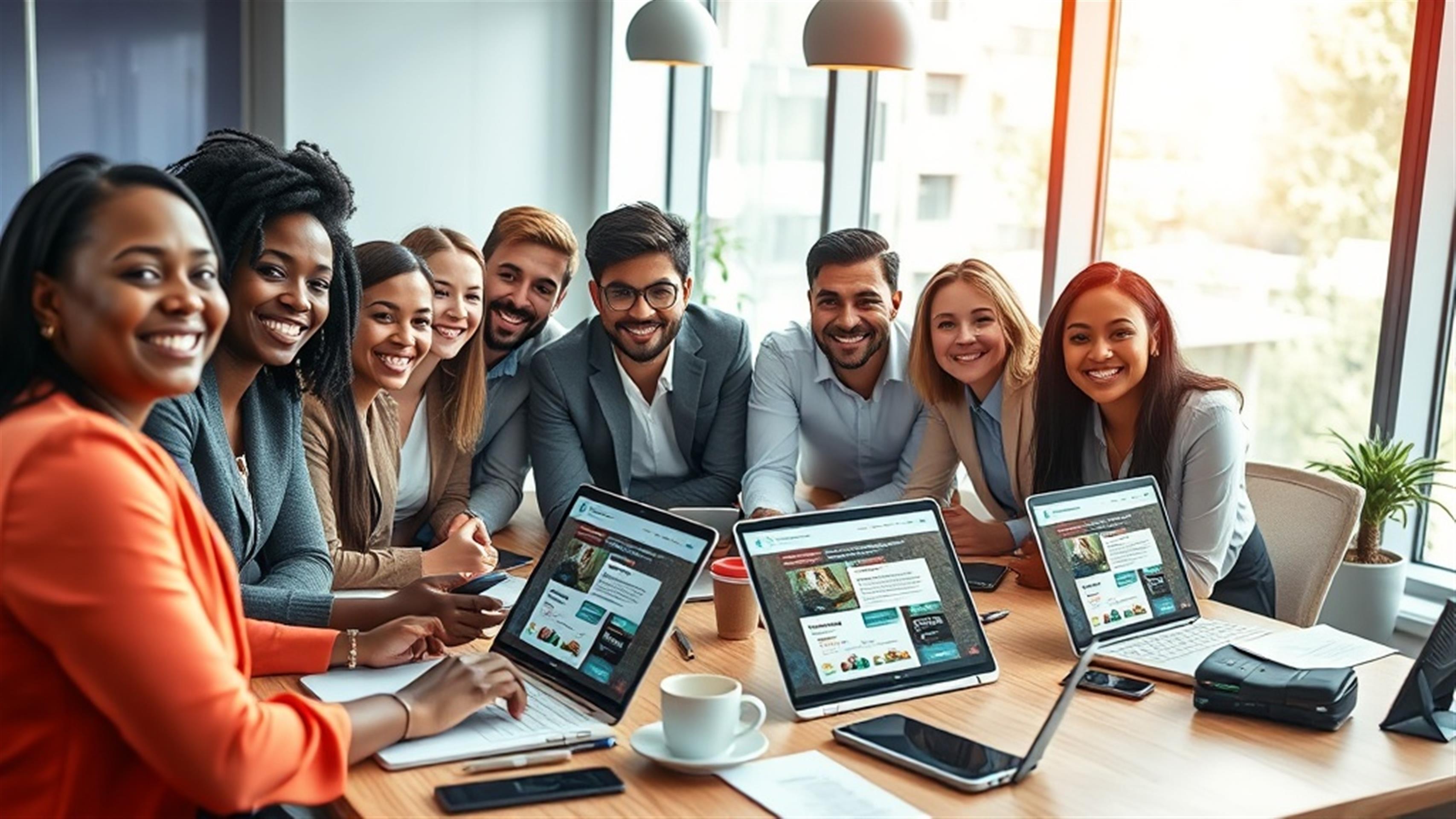 Create an ultra-realistic image depicting a diverse group of business professionals smiling and engaged, gathered around a table with laptops and tablets displaying dynamic web content. The background should feature a modern office setting with vibrant colors and natural light streaming in through large windows. Include elements such as coffee mugs, notepads, and smartphones to emphasize a productive and collaborative atmosphere. The image should convey a sense of satisfaction and efficiency, highlighting the theme of client happiness and long-term relationships through the use of innovative web solutions.