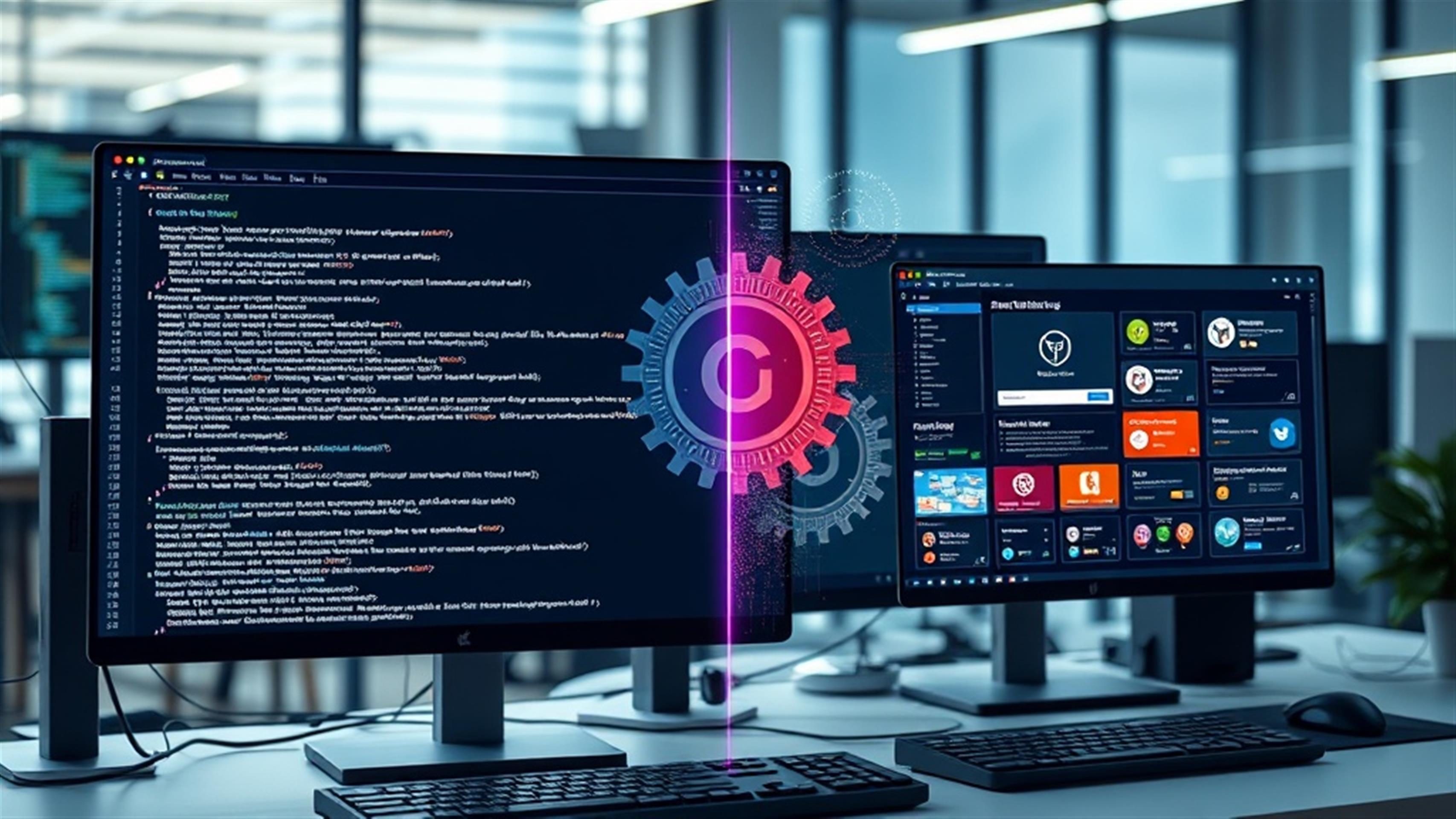 Create an ultra-realistic image of a dynamic e-commerce website interface in the process of transformation from a basic HTML page. The scene should depict a split-screen effect where one side shows simple HTML code with basic design elements, while the other side showcases a sophisticated, modern e-commerce platform with advanced features like product listings, shopping cart, user login, and interactive UI elements. Include visual metaphors such as digital gears or abstract representations of data and technology to symbolize the integration of advanced features. The background should be a seamless blend of a modern workspace with computer monitors displaying coding and design tools. Use realistic lighting and shadows to enhance the depth and texture, presenting a professional and innovative atmosphere.