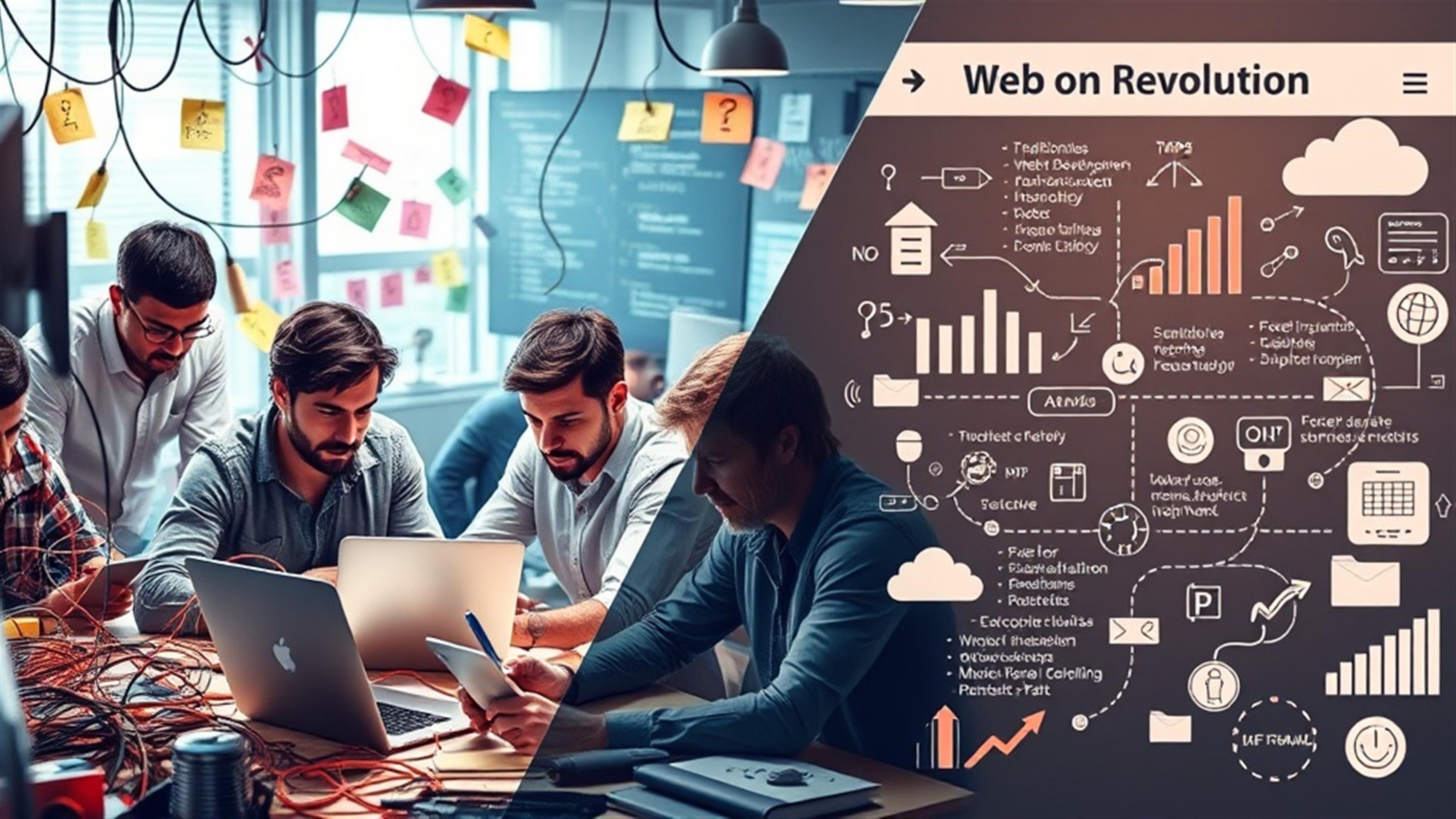 Create an ultra-realistic image depicting a bustling digital workspace where developers are collaborating intensely. In the foreground, showcase a diverse group of developers, deeply engaged with various devices like laptops and tablets, reviewing code and discussing web project strategies. Surround them with elements symbolizing traditional web development hurdles, such as tangled cables, outdated technology icons, and sticky notes with question marks. In contrast, on a separate section of the image, illustrate a seamless, clutter-free digital environment labeled `Web on Demand.` Highlight modern tech elements like cloud symbols, streamlined code snippets, and a visual representation of a fast-moving, efficient workflow. Use dynamic lighting to emphasize the transition from the chaotic traditional setup to the innovative `No-PHP Revolution.` Add subtle infographic elements that symbolize efficiency and progress, such as upward graphs and checkmarks, to convey the transformative impact of the new approach. Ensure the image is vibrant and engaging, capturing the essence of overcoming obstacles in web development and the promise of streamlined solutions.